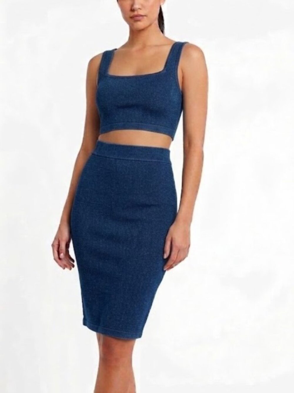 NWT Susana Monaco Dark Denim Skirt & Bra Crop Top 2 Piece Set Size Small